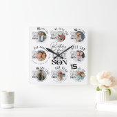 Son Birthday 8 Photo Collage Typography スクエア壁時計 (ホーム)