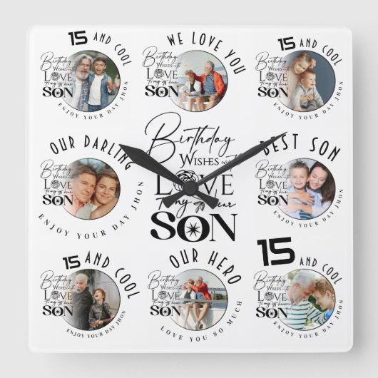 Son Birthday 8 Photo Collage Typography スクエア壁時計 (正面)
