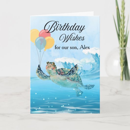 Son Birthday Wishes Add a Name Sea Turtle カード (正面)