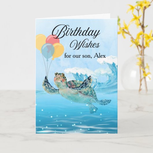 Son Birthday Wishes Add a Name Sea Turtle カード (黄色い花)