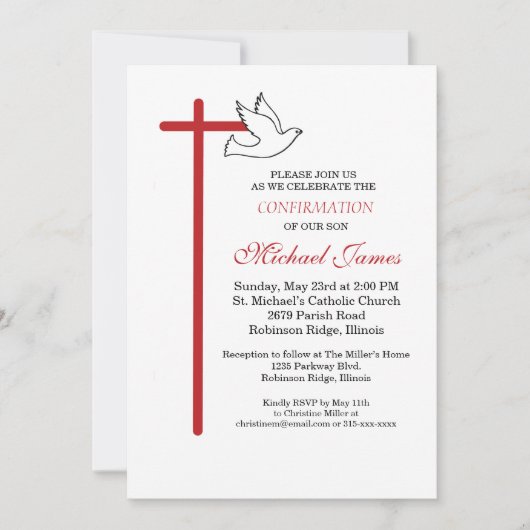 Son Confirmation Cross Dove on White 招待状 (正面)