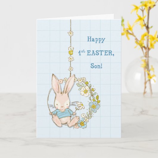 Son First Easter Cute Bunny on Flower Swing カード (黄色い花)