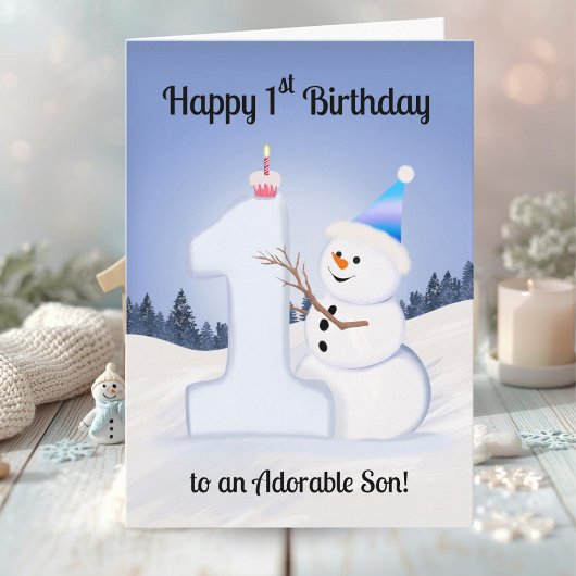 Son Happy 1st Birthday Snowman Building カード