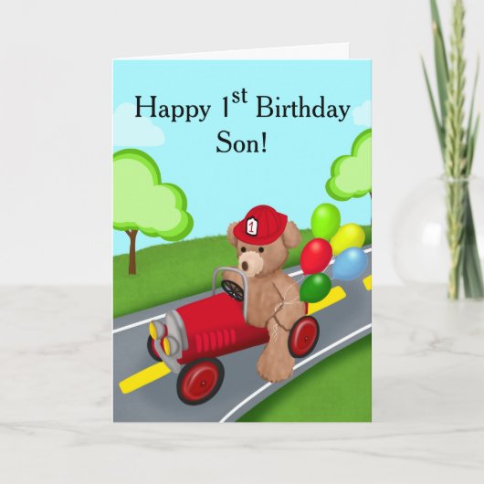 Son Happy 1st Birthday Teddy Bear in Firetruck カード (正面)