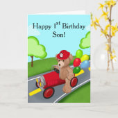 Son Happy 1st Birthday Teddy Bear in Firetruck カード (黄色い花)