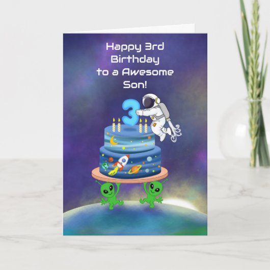 Son Happy 3rd Birthday Astronaut with Cool Aliens カード (正面)