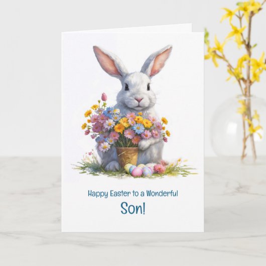 Son Happy Easter Cute Bunny Rabbit and Easter  カード (黄色い花)