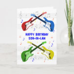 Son in Law Guitars誕生日カード カード<br><div class="desc">義理の息子のための美しい誕生日カード。背景に音階を持つエレキギターカラフルアート。ギターが多すぎるわけにはいかない。非常にギタカッコいいーの誕生日カー祝ド、このミュージカル楽器のエネルギーと純粋なおもしろい。ギタリストや音楽愛好家のための完璧な誕生日カード。</div>