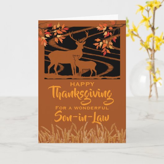 Son in Law Thanksgiving Deer in Field Fall Leaves カード (黄色い花)