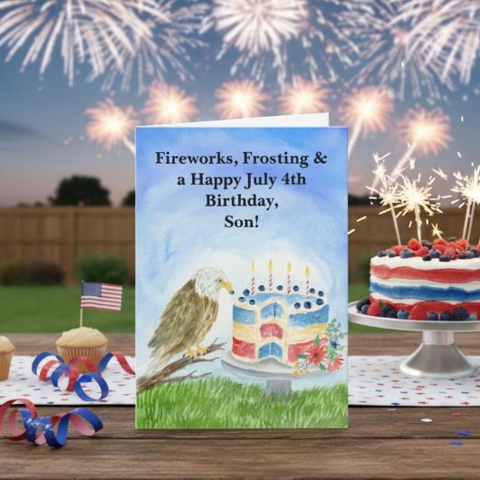 Son July 4th Birthday Bald Eagle & Patriotic Cake カード
