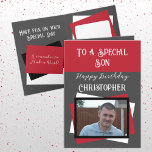 Son photo name gray red birthday カード<br><div class="desc">特別な息子に。ハッピーバースデー。名前と写真を追加。灰色、赤、黒。</div>