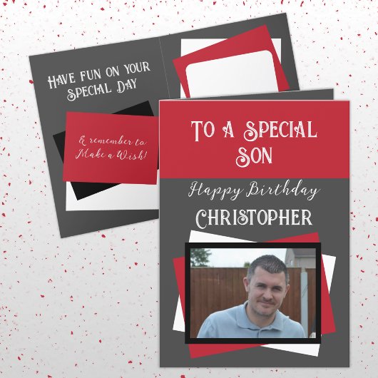 Son photo name gray red birthday カード