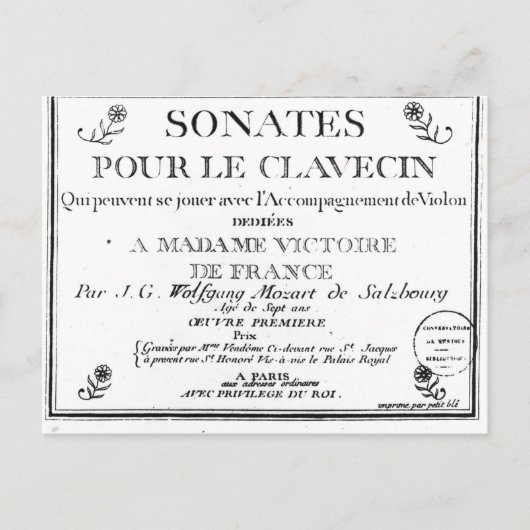 「Sonates pour le clavecin」のタイトルページ ポストカード (正面)