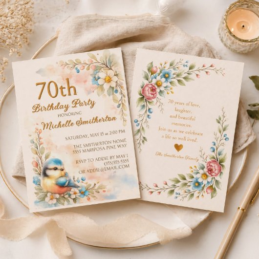 Songbird Spring Watercolor Floral 70th Birthday 招待状