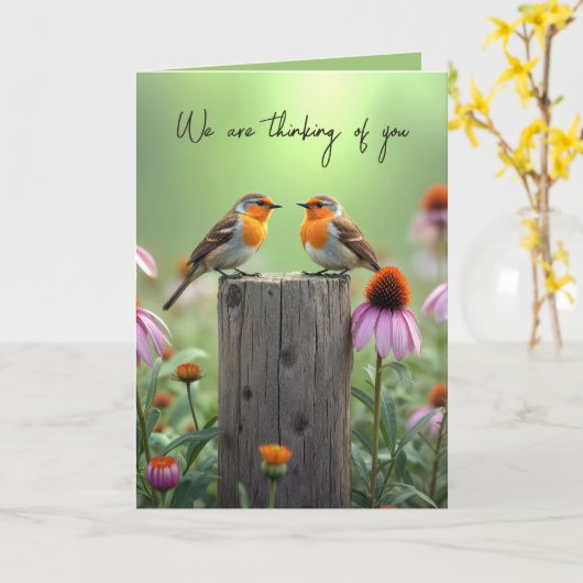 Songbirds On a Fence Post Thinking of You カード (黄色い花)