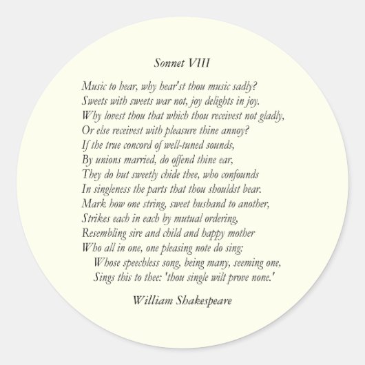 Sonnet # 8 by William Shakespeare ラウンドシール (正面)