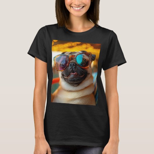 Sonniger Mops am Strand Tシャツ (正面)