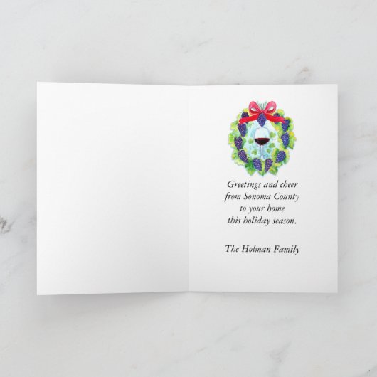 Sonoma郡のブドウ酒用ブドウのクリスマスのリース シーズンカード (内部)
