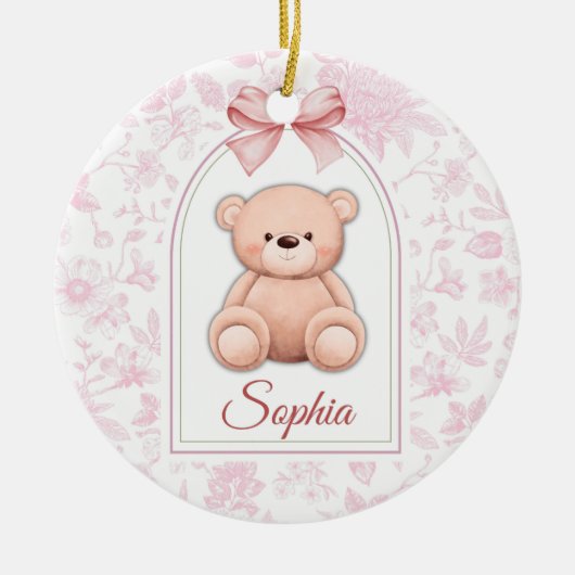Sophia | オーダーメイド ピンクのテディベアの保育園デザイン セラミックオーナメント (正面)