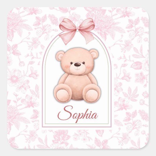 Sophia | Custom Pink Teddy Bear Nursery Design  スクエアシール (正面)