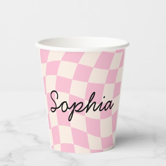 Sophia Name Custom Mug Cup Party Pink Check Grid 紙コップ (正面)