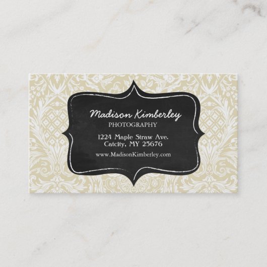 Sophistiactedのクリーム色のダマスク織パターン黒板 名刺 (正面)
