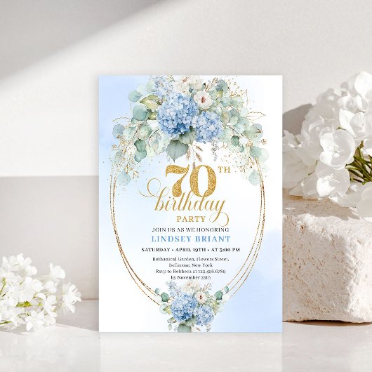 Sophisticated 70th Birthday Blue Hydrangea Invite 招待状