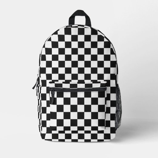 Sophisticated Black and White Checkered Pattern プリントバックパック (正面)
