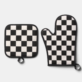Sophisticated Black and White Checkered Pattern 鍋つかみ&鍋敷きセット