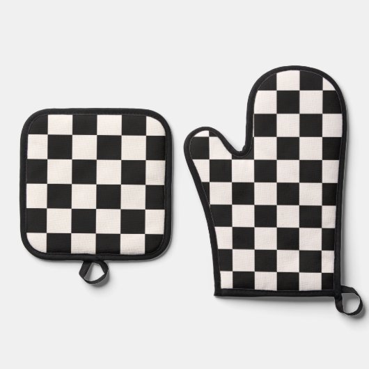 Sophisticated Black and White Checkered Pattern 鍋つかみ&鍋敷きセット (正面)