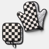 Sophisticated Black and White Checkered Pattern 鍋つかみ&鍋敷きセット (正面/裏面)