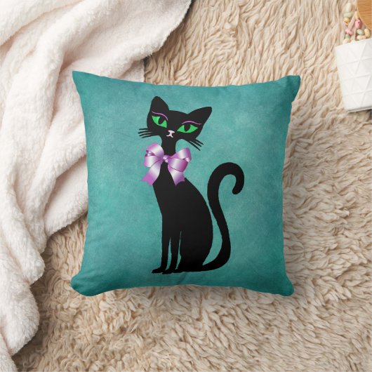 Sophisticated Black Cat green Eyes Pink Bow Aqua クッション (ブランケット)