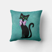 Sophisticated Black Cat green Eyes Pink Bow Aqua クッション (裏面)