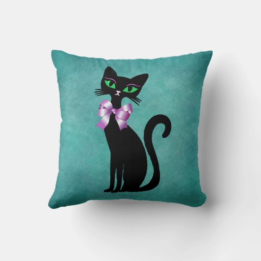 Sophisticated Black Cat green Eyes Pink Bow Aqua クッション (裏面)