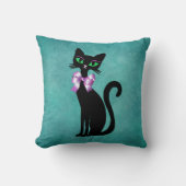 Sophisticated Black Cat green Eyes Pink Bow Aqua クッション (正面)