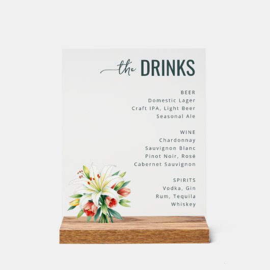 Sophisticated Black Floral Beverage Menu アクリルサイン (正面)