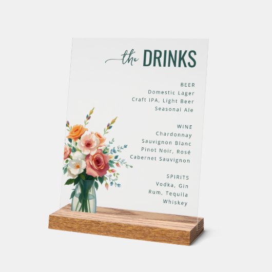 Sophisticated Black Floral Wine Menu アクリルサイン (傾斜)