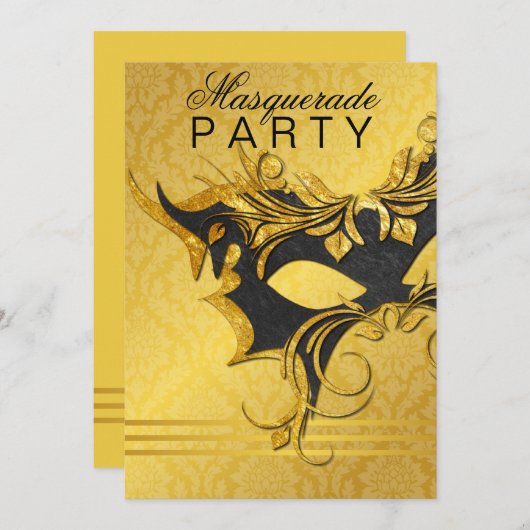 Sophisticated Black & Gold Masquerade Ball Invitat 招待状 (正面/裏面)