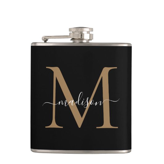 Sophisticated Black Gold Monogram Chic Script Name フラスク (正面)