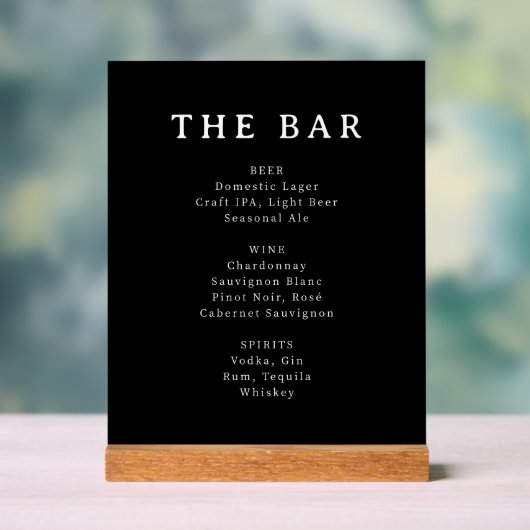 Sophisticated Black Minimalist Bar Menu Sign アクリルサイン (ニュートラル)