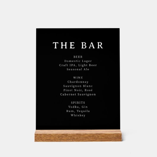 Sophisticated Black Minimalist Bar Menu Sign アクリルサイン (正面)