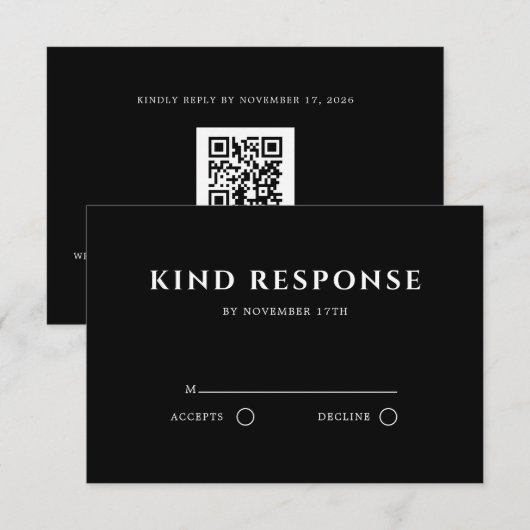 Sophisticated Black QR Code Elegant Wedding 出欠カード (正面/裏面)