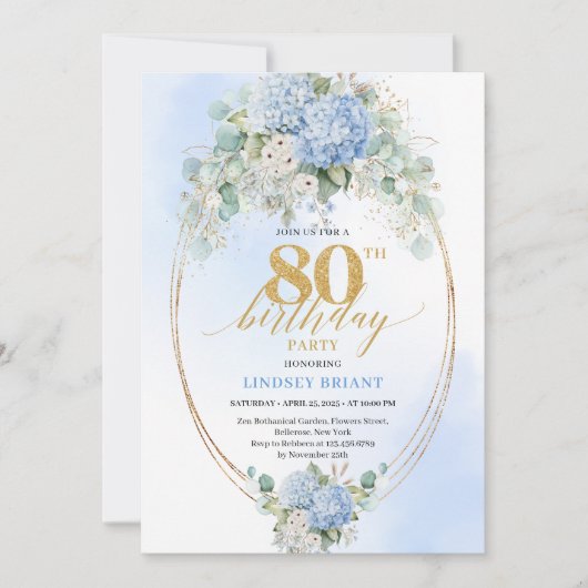 Sophisticated Blue Floral 80th Birthday Invitation 招待状 (正面)