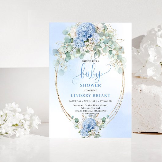 Sophisticated Blue Floral Baby Shower Invitation 招待状