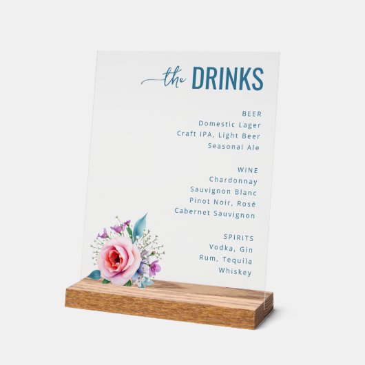 Sophisticated Blue Floral Beverage Menu アクリルサイン (傾斜)