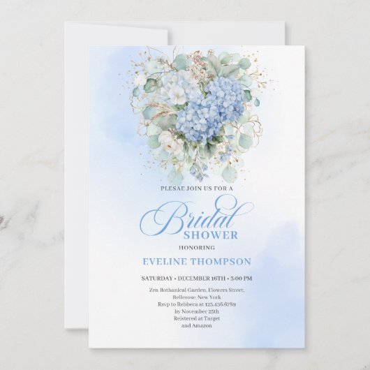 Sophisticated Blue Floral Bridal Shower Invitation 招待状 (正面)