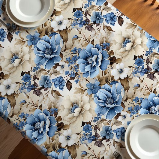 Sophisticated Blue Ivory Floral Luxury Tablecloth テーブルクロス
