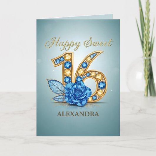 Sophisticated Blue Rose Gold Gemstone Sweet 16 カード (正面)