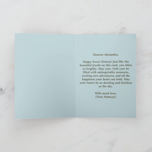 Sophisticated Blue Rose Gold Gemstone Sweet 16 カード (内部)