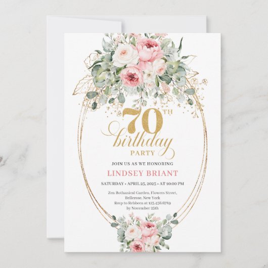 Sophisticated Blush Roses 70th Birthday Invitation 招待状 (正面)